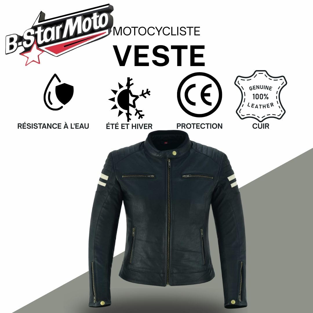 Veste de Moto En Cuir Pour Femme- Blouson Avec Protection Douce Cuir Et Vent Armure Corps été Hiver Tourisme Motard Blinde Noir