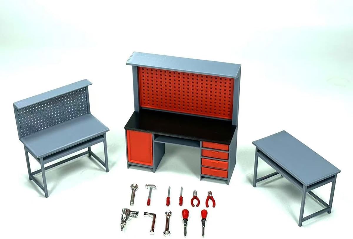Car Repair Garage Model, 1/18 Scale Workbench and Tire Changer Model Set for DIY Car Repair Shop and Custom Shop Scene, Can be Combined with RC Cars or Display Cars to Form a Scene