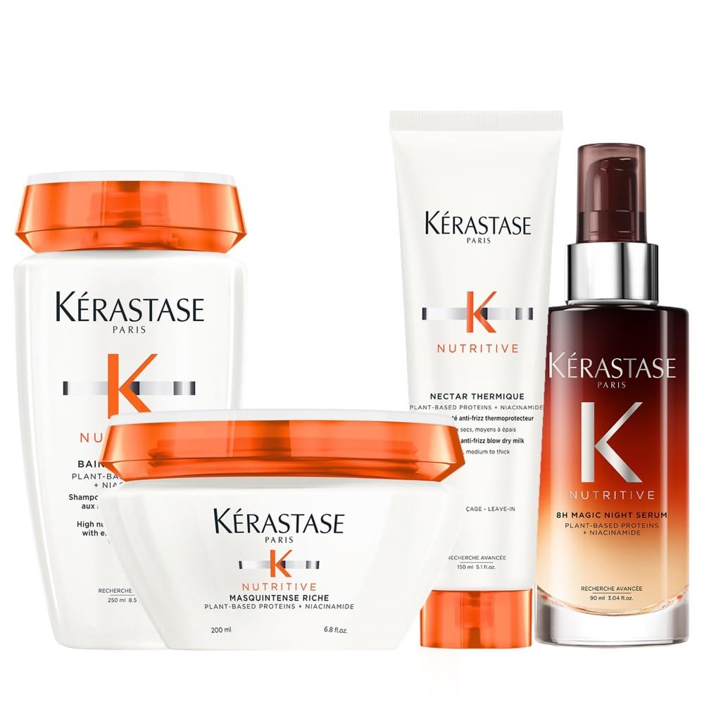 Kérastase, Nutritive, Routine Nutriente Per Capelli Secchi, Shampoo Bain Satin Riche + Maschera Masquintense Riche + Termoprotettore Nectar Thermique + Siero Notturno 8h Magic Night