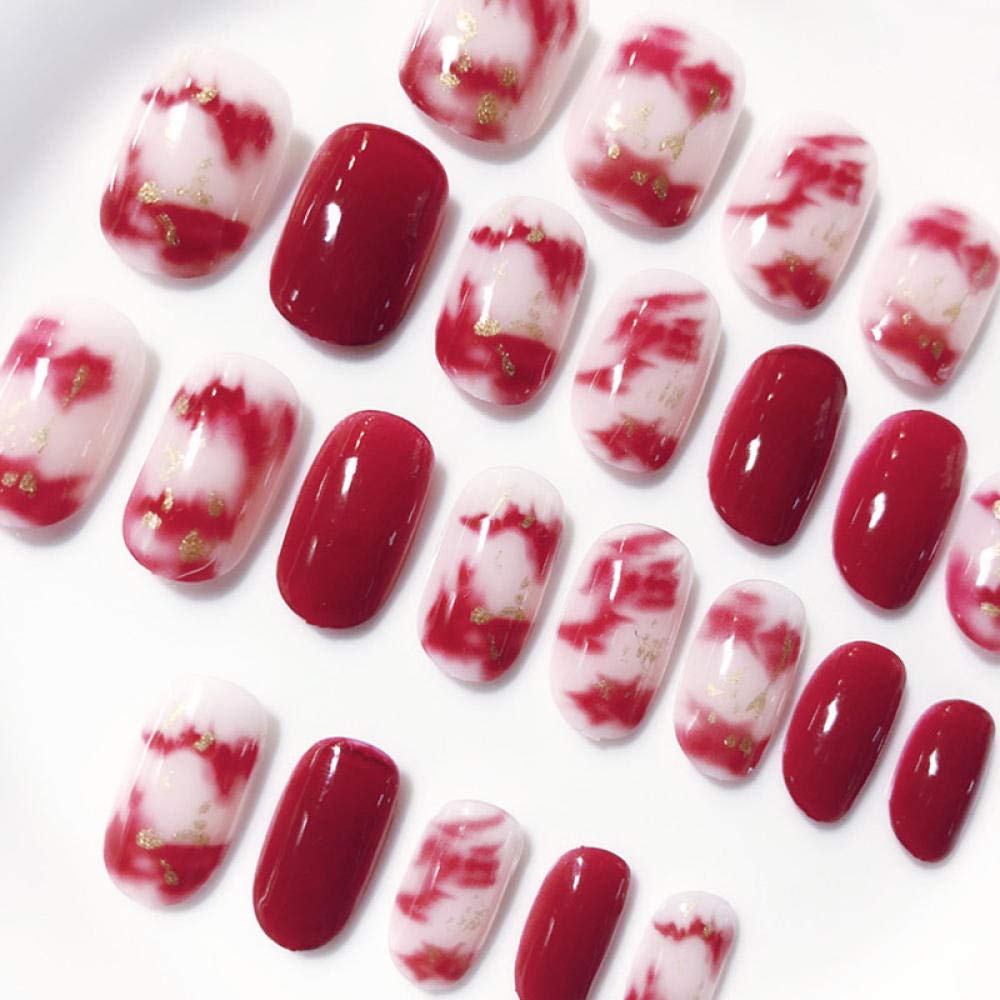 ACiyD Marmor Druck Design Falsche Nägel Rundkopf Kurze Größe Nail Art Mädchen Glänzende Rote Farbe Mode Gefälschte Nägel