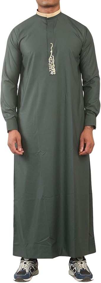Mens Thobe Green Jubba Nehru Round Collar Islamic Clothing Muslim Kaftan Embroidery Eid Robe Saudi