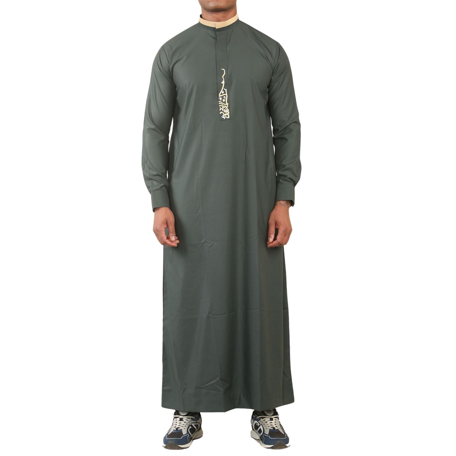 Men's Thobe Jubba Nehru Round Collar Islamic Clothing Muslim Kaftan Embroidery Eid Robe Saudi - Green 56