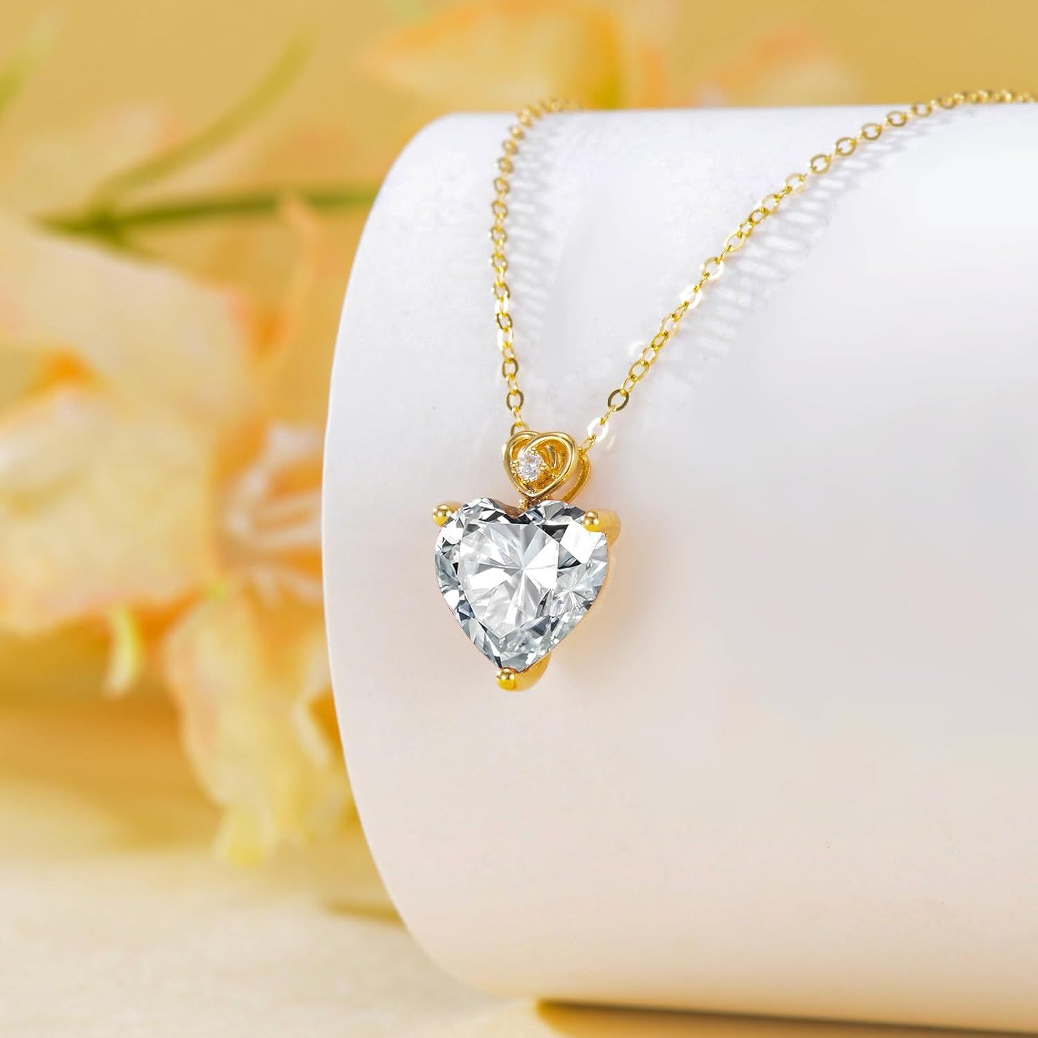 14k Gold Love Heart Gemstone Birthstone Necklaces for Women 3 Carat Heart-cut Created Birthstone Anniversary Birthday Mother's Day Pendant for Her 16+1+1 inch - Image 2