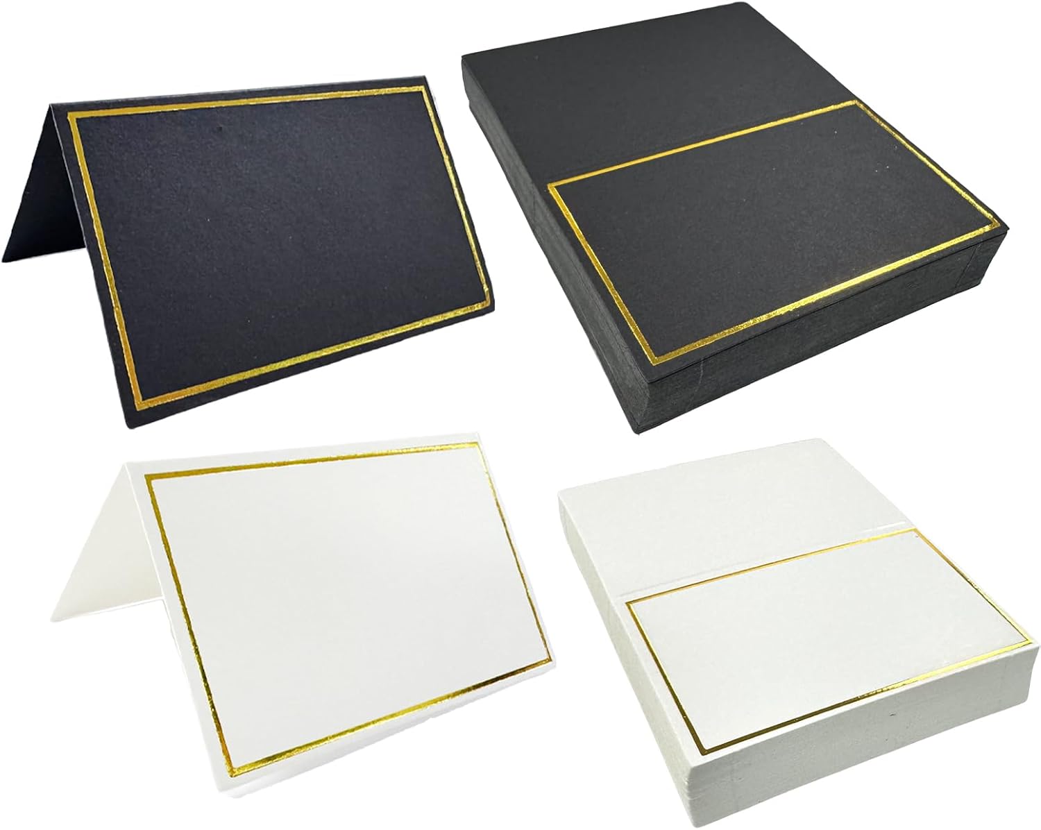100Pcs Black & White Place Cards, 2"x3.5" Folded Tent Name Cards with Luxurious Gold Foil Border for Weddings, Banquets, Dinner Parties - 50 Black + 50 White