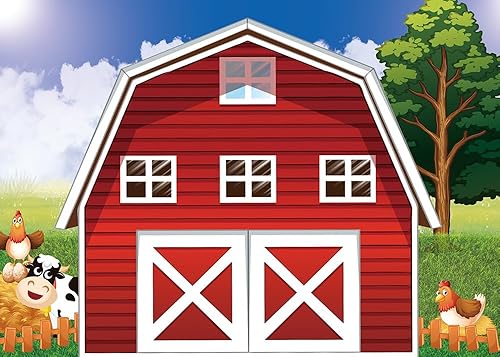 Miniatura 6 de Fondo de fotografía de dibujos animados de animales de granja de animales, fondo de fotos rústico rojo para baby shower, niños recién nacidos,