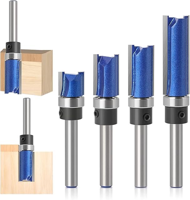 THF Professional Flush Trim Pattern Bit Set, 1/4 Inch Shank 4 Pcs Straight Flush Trim Tools Milling Cutter Tool with Bearing Template Router Cutter