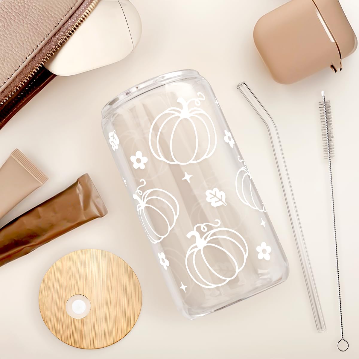 SANDJEST Pumpkin 16oz Can Glass Tumbler with Acrylic Lid & Straw, Iced Coffee Cup for Women Girls, Fall Aesthetic Cups Gifts
