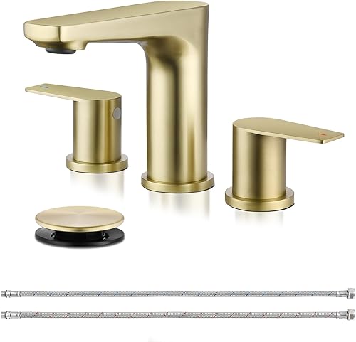 Miniatura 8 de Grifos de baño de 3 agujeros, oro cepillado de 8 pulgadas, grifo de lavabo de baño generalizado, con desagüe desplegable y suministro de agua,