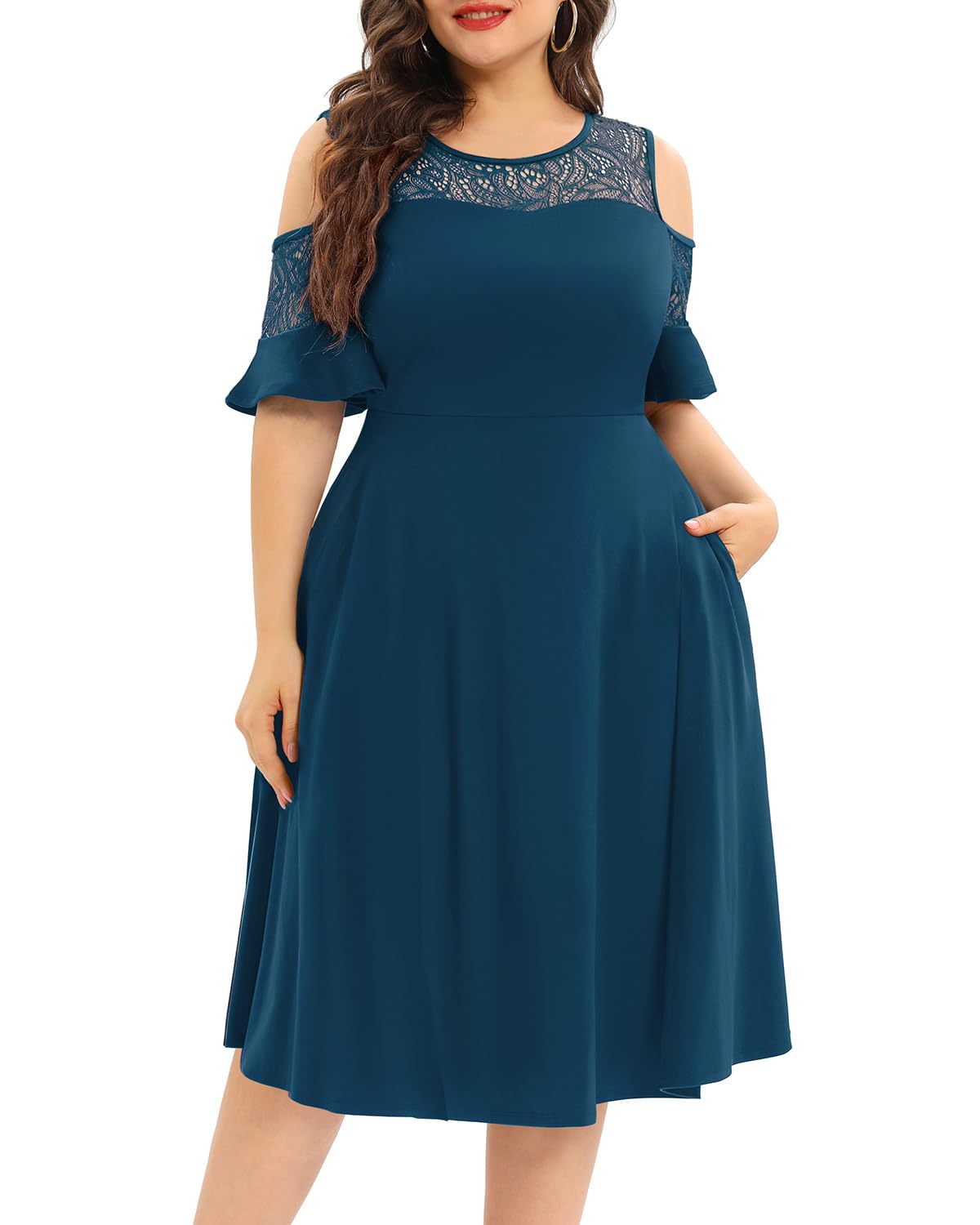 Pinup FashionWomen's Plus Size Cold Shoulder Dresses Elegant Mesh Neck Cocktail Casual Dress with Pockets