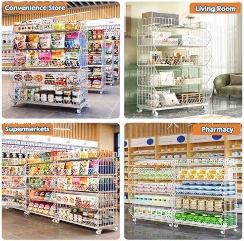 Retail Display Storage Rack，Large Wire Storage Baskets Stackable 2 3 4 5 Tiers, Movable Supermarket Shelf Snack Rack Display Stand with Wheels, Organizer Holder for Potato Chip Fruit Vegetab