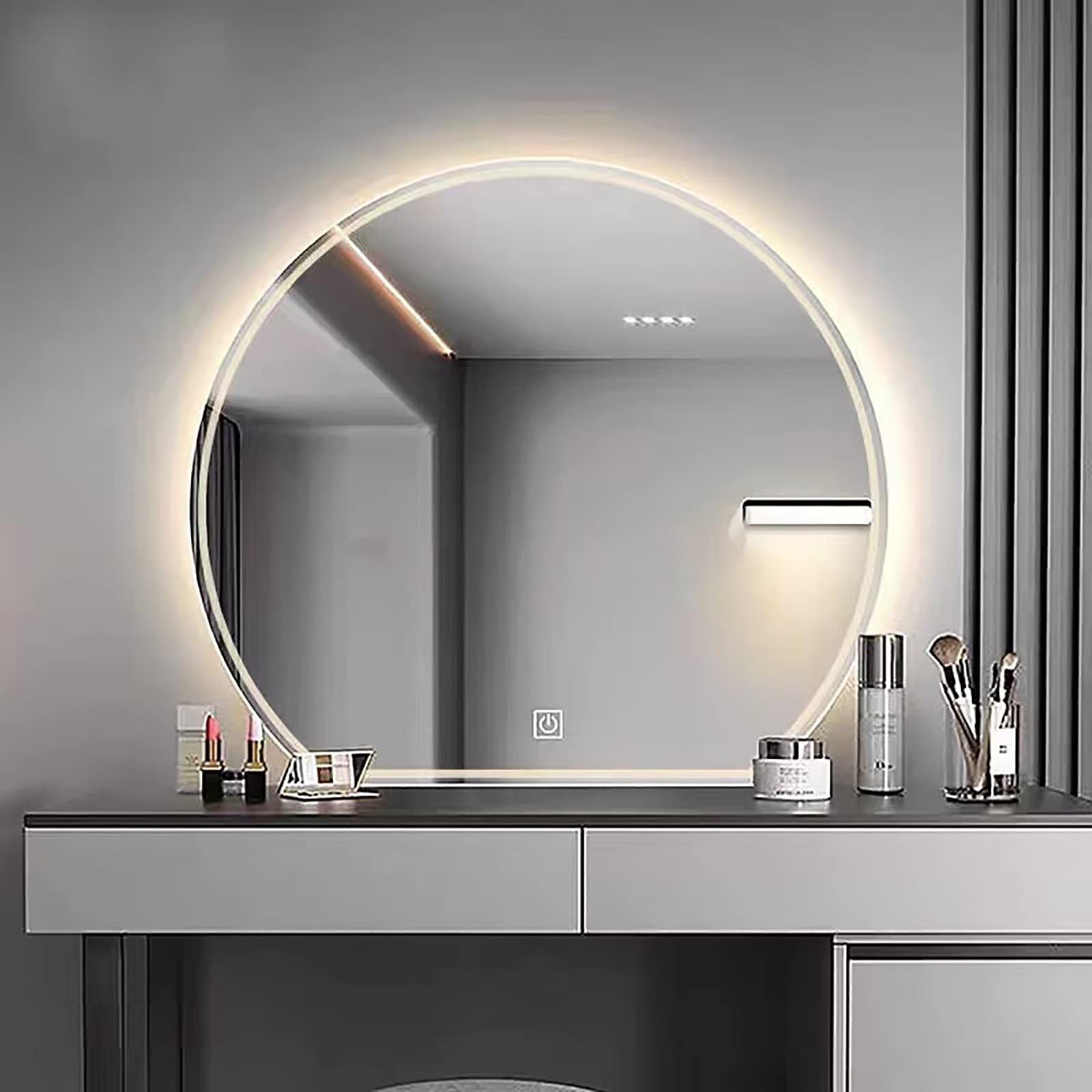 WJFTODAY Illuminated LED Bathroom Mirror, Round Wall-Mounted Vanity Mirror with Touch Switch, Anti-Fog Demister, Perfect for Showers and Grooming, Stylish Circle Design.
