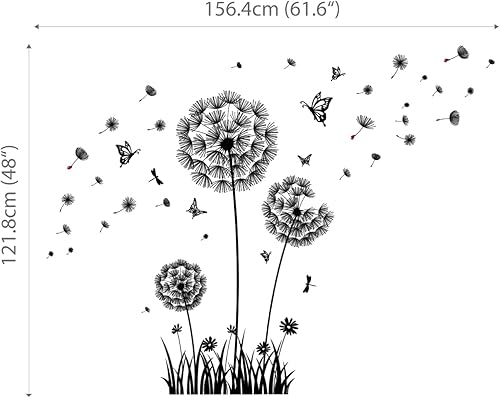 Miniatura 4 de BASHOM BS-105 Calcomanías de pared de diente de león negro flor voladora mariposas calcomanías para sala de estar, dormitorio, cuarto de bebé, baño,