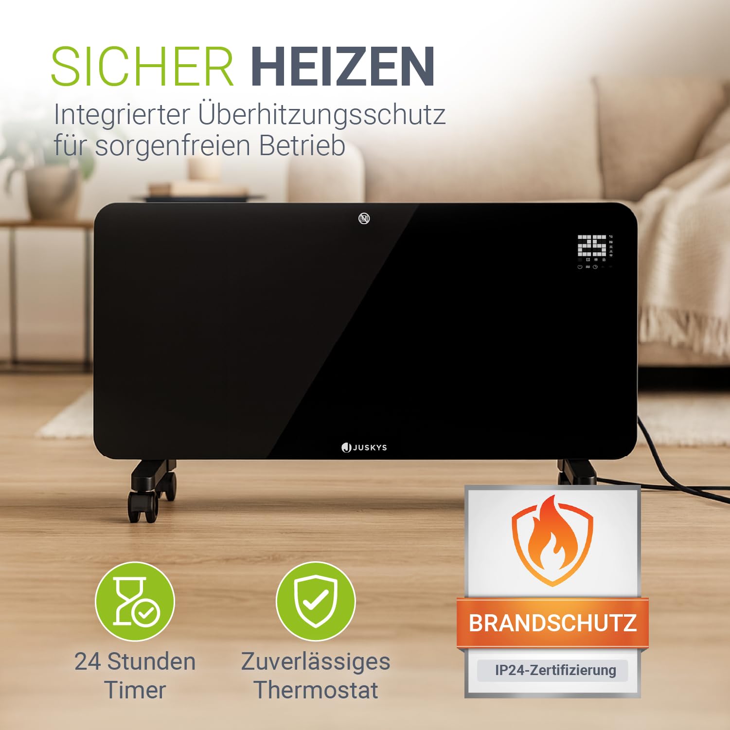 Juskys Glasheizung 2000W Glaskonvektor, Elektroheizung, App-Steuerung, LED-Display, Timer, Wand- & Standgerät mit Fernbedienung