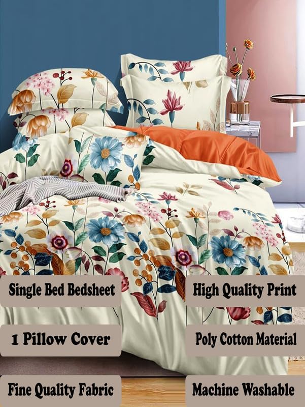 Image of Polycotton Single Bed Bedsheet, Flat Sheet with 1 Pillow Cover, Queen (60x90 inch), 300 TC, Multi & Cream, Set of 2