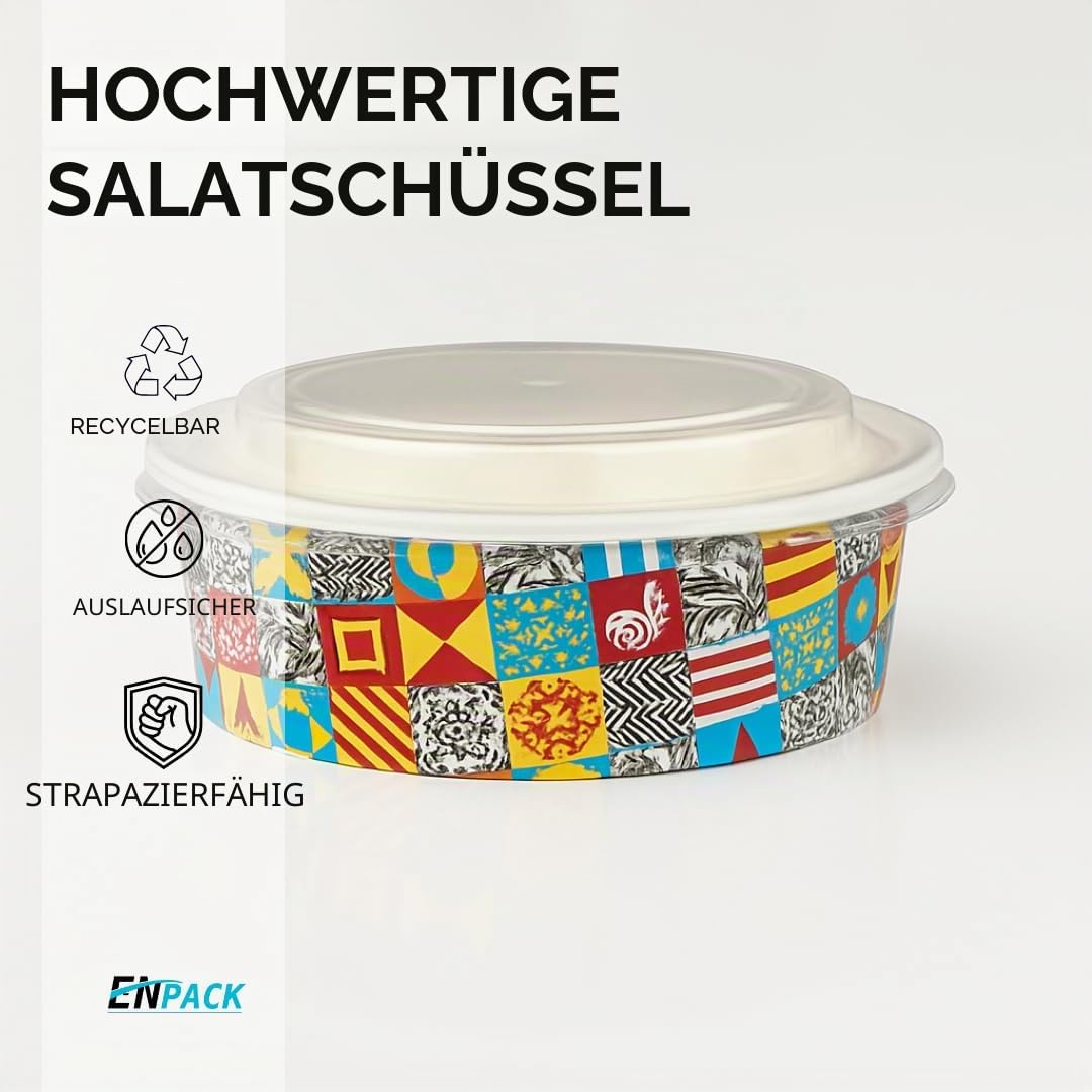 Enpack - 500ml Bowl für Lebensmittel aus Kraft Papier mit RPET Deckel - Einweg Papp-Salatschale mit PLA Innenbeschichtung - Bio-Schale (500 ml, 200, stück)