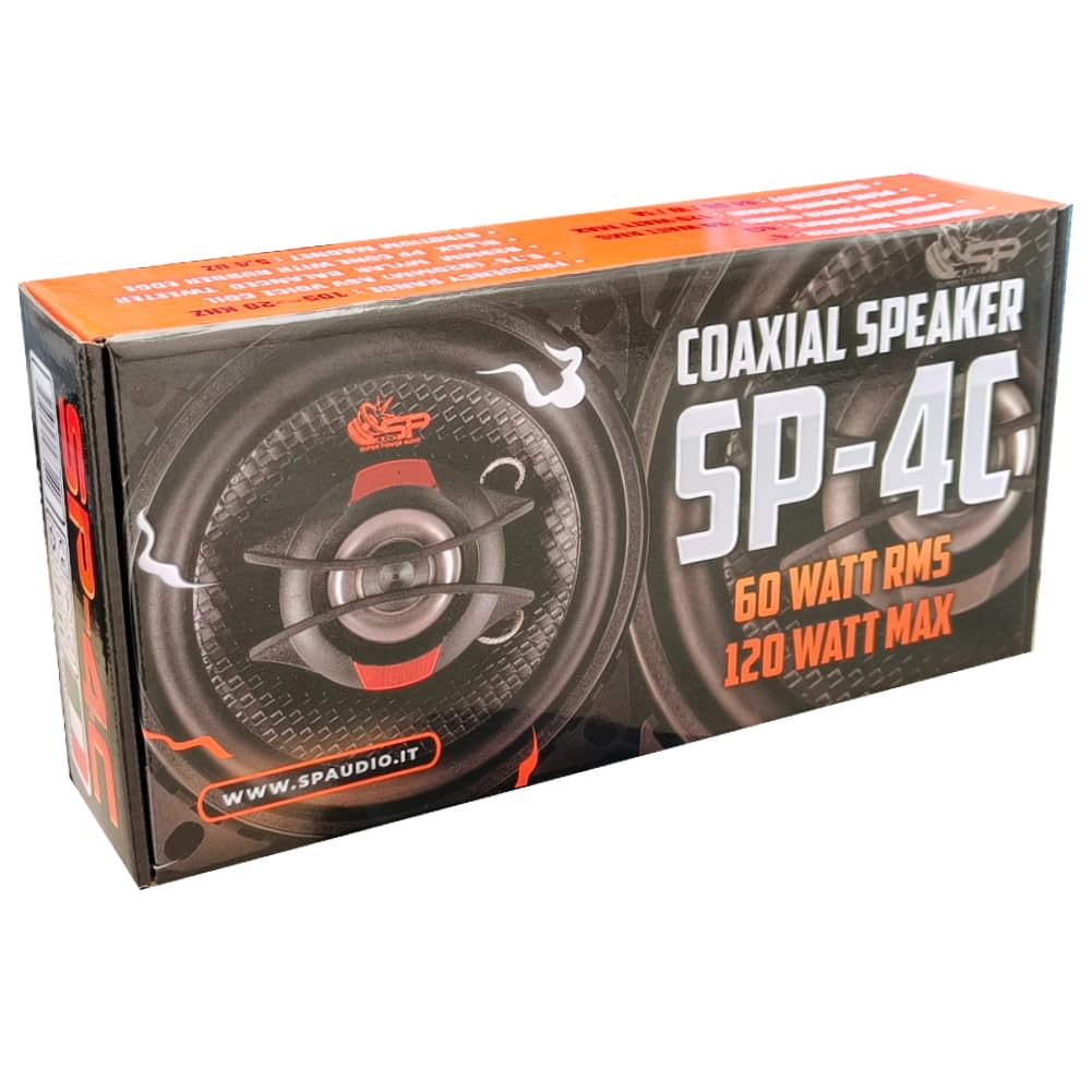 SP Audio 2 SP-4C altoparlanti diffusori coassiali a 2 vie, 4" 10 cm 100 mm, 60 watt rms 120 watt max, impedenza 4 ohm, sensibilità 84 db, portiere, sportelli, auto, a coppia