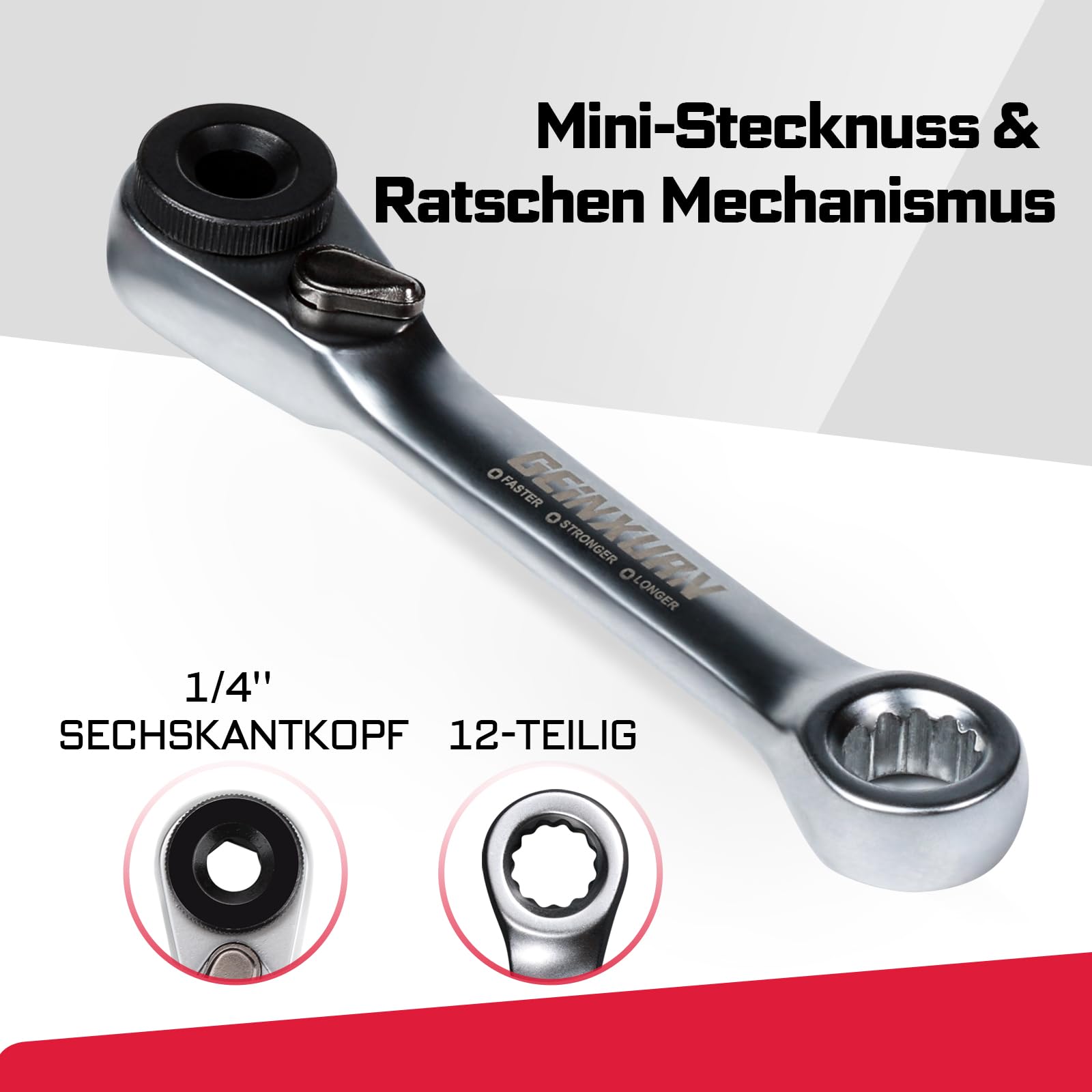 GEINXURN 4-teiliges Mini Ratsche Set, 3 Stück 1/4-Zoll Ratsche 72-Zahn-Steckschlüssel mit Schnelllösefunktion & Reversibler, 75mm Schlagfester Bithalter, alle in kleinen Schachteln Enthalten