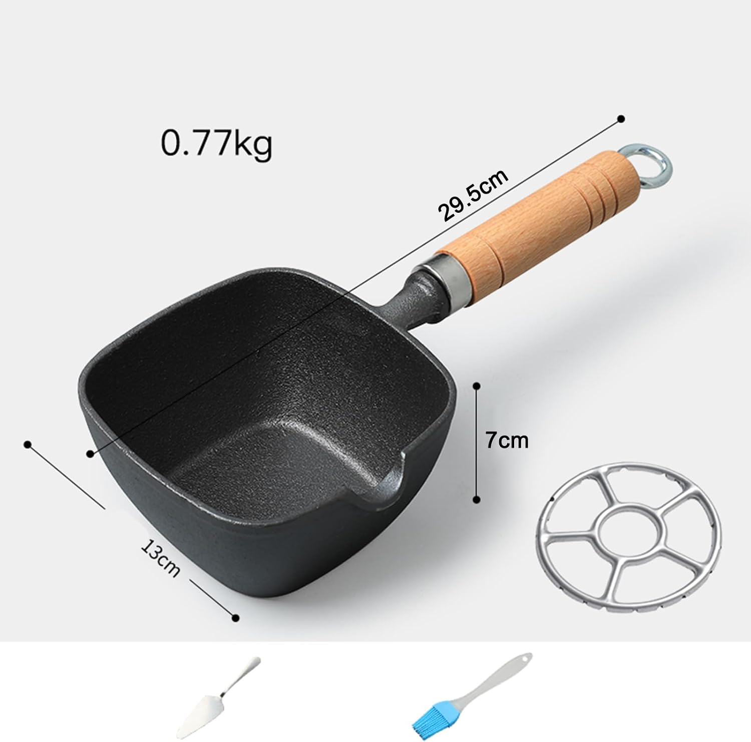 Cast Iron Basting Pot with Handle, Butter Warme Iron Oil Heating Pot with Wooden Handle - No Coating Cookware Melting Pot,13cm