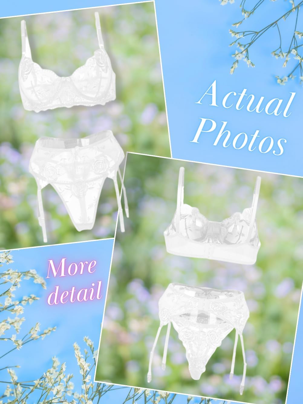 Kaei&Shi Floral Embroidered Mesh Sheer,Underwire Satin Bow,High Cut Thong,Belt Garter Lingerie - Image 5