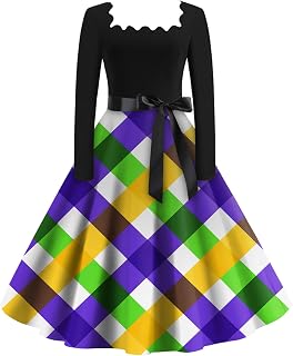 Dresses for Women Carnival Print Long Sleeve Cocktail Dress Punk Vintage Swing A-Line Midi Dress, S-2Xl