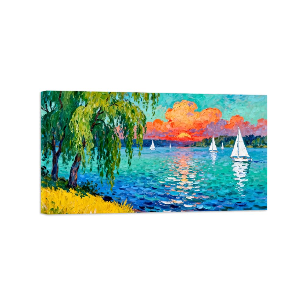 Ozpwbvy Wrapped Canvas Lake Boat Tree Landscape Canvas Wall Art Picture 40X70cm Framed
