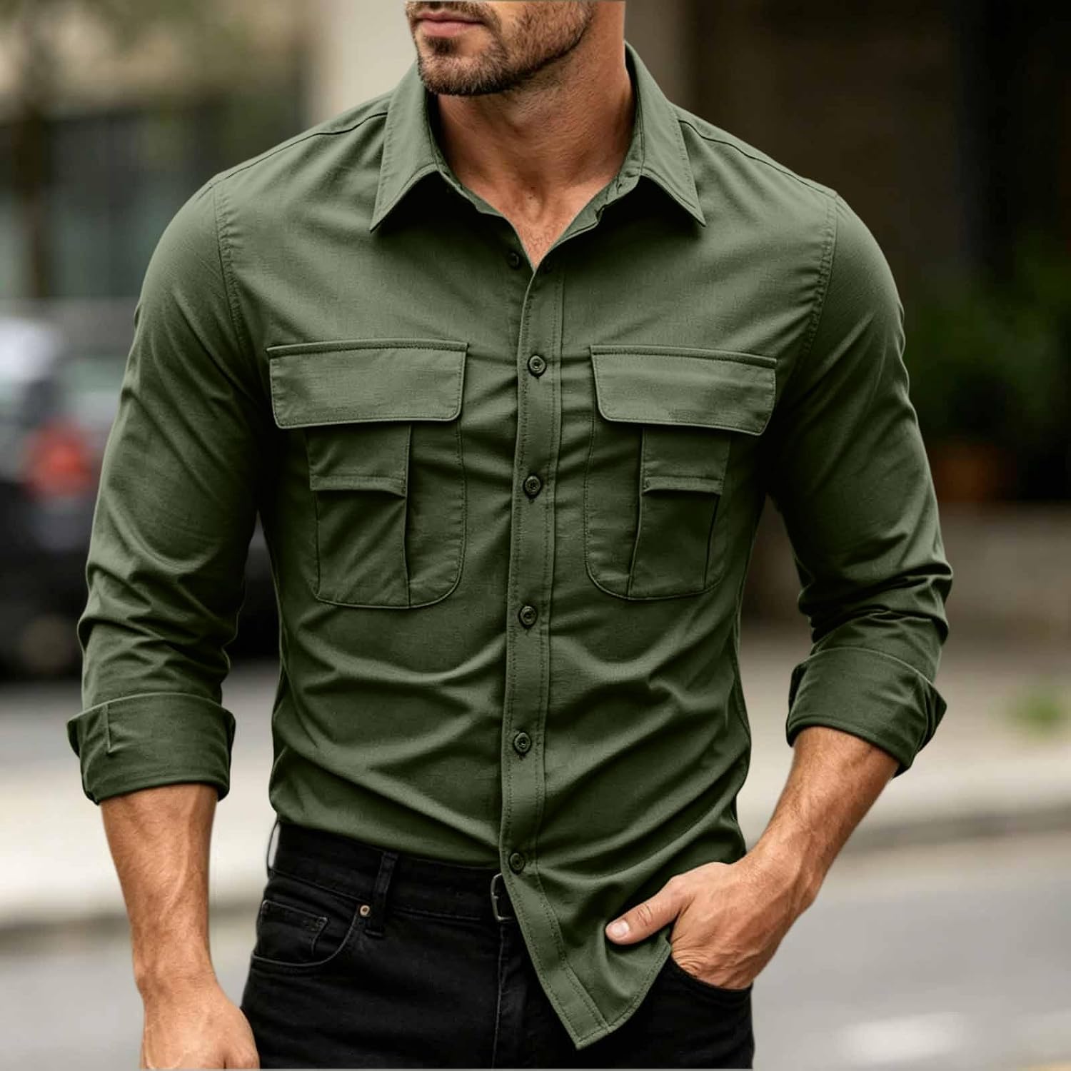 Men's Outdoor Tactical Shirt Long Sleeve Collared Button Down Quick Dry Shirts Lightweight Work Tops with Pockets