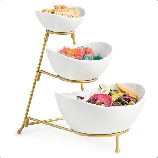 3 Tier Serving Bowls with Stand, Serving Dishes Chips and Dip Serving Set for Entertaining Party, Ceramic Serving Dish Fruit Bowl for Salad Soup Snacks, Microwave & Dishwasher Safe
