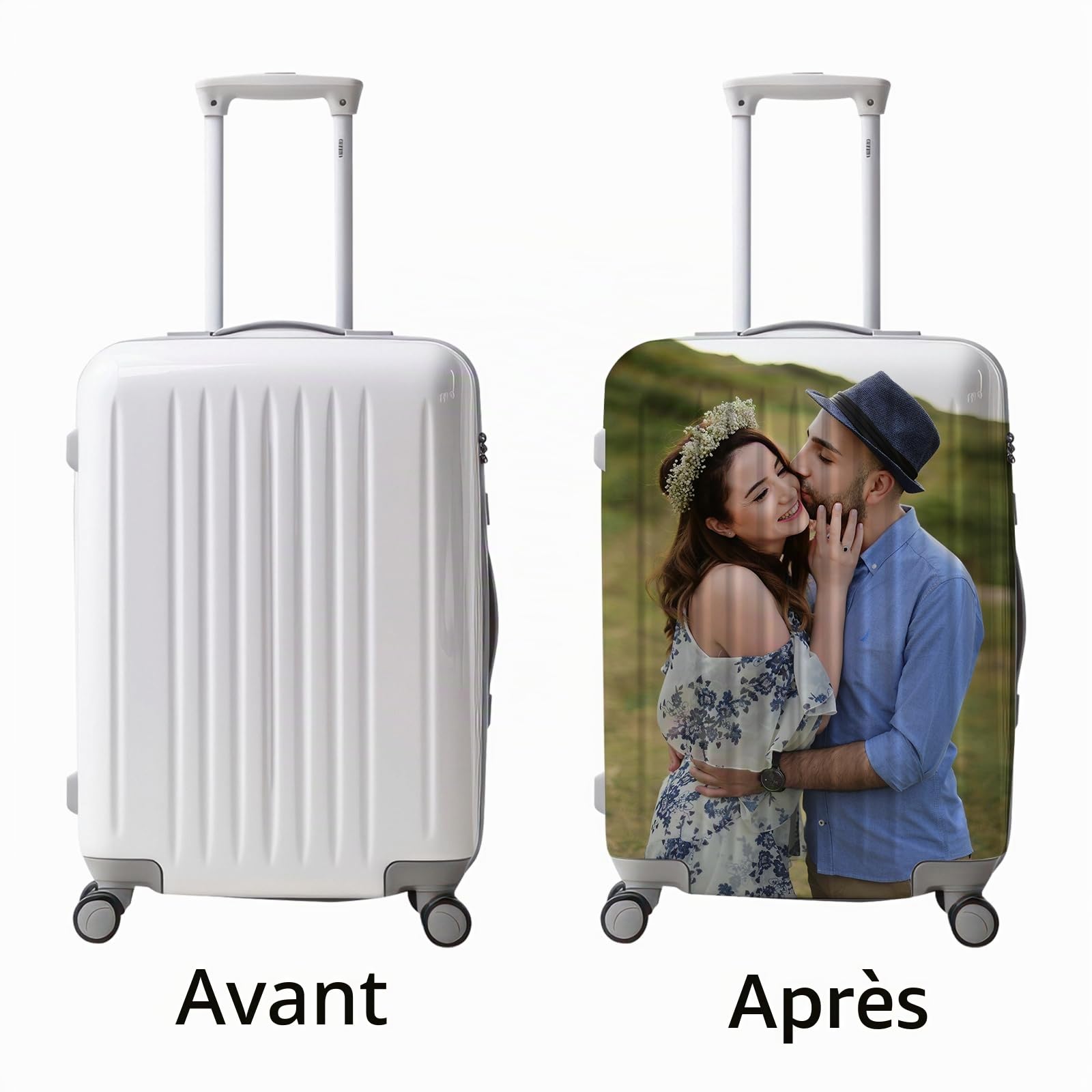 Housse de bagage personnalisée, protection de valise de voyage personnalisée avec photo, texte et design, élastique double face, lavable, résistant à l'eau, convient à la plupart des tailles de