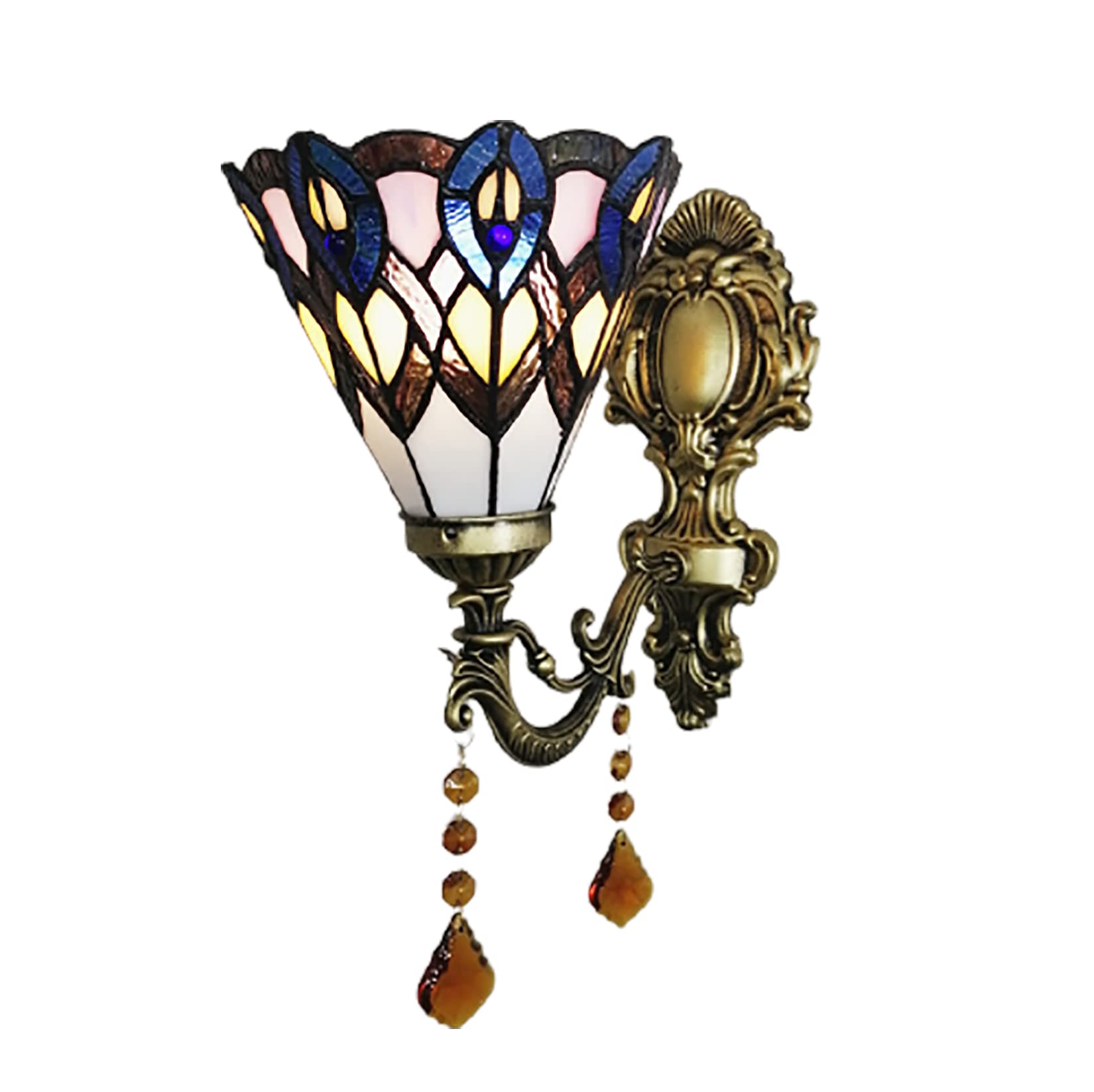 GDXH Tiffany Style Retro Baroque Wall Sconce Lamp White Yellow Pink Stained Glass Wall Light Fixture with Bronze Plating Base, Hallway, Dining Table Wall Light