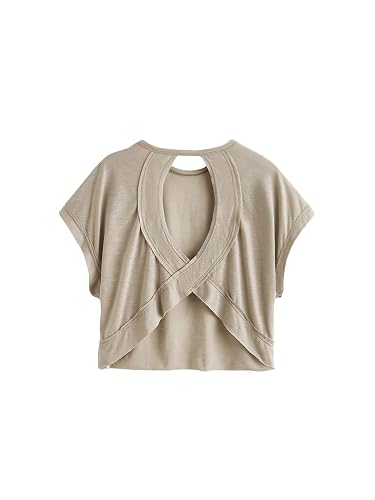 SOLY HUX 2024 Open Back Tops for Women Criss Cross Cut Out Tee Backless Casual Short Sleeve Round Neck T Shirt