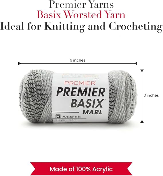 Premier Yarns Basix, Marl Worsted Yarn, Made of Acrylic, Ideal Yarn for Crocheting and Knitting, 245 Yards, Monochrome Marl