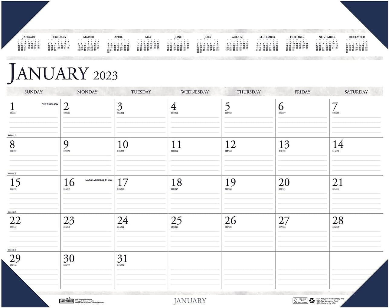 House of Doolittle Executive Monthly Desk Pad Calendar, 24 x 19, White/Blue Sheets, Blue Corners, 12-Month (Jan to Dec): 2023