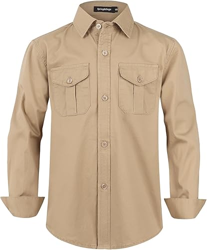 Spring&Gege Boys' Long Sleeve Button Down Shirt for Kids Woven Solid Two Pockets