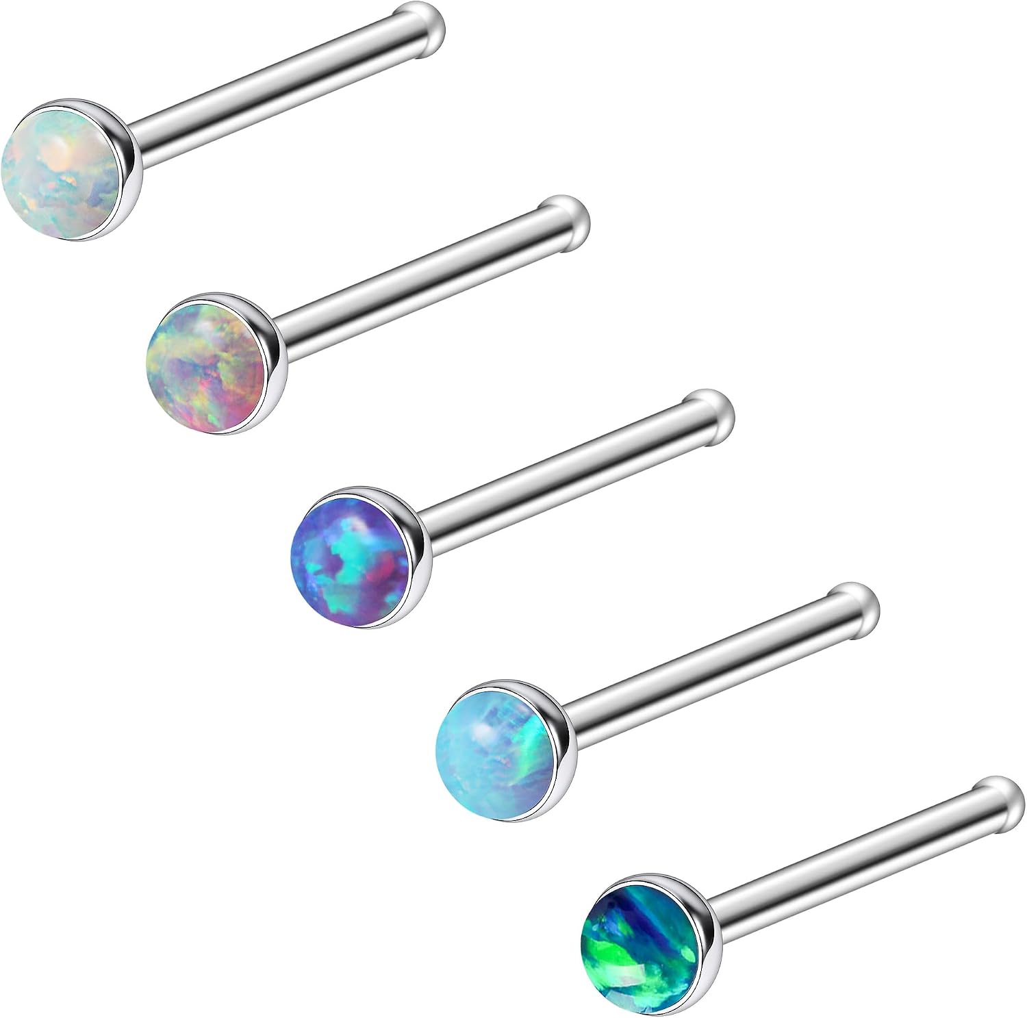 Ruifan ASTM F136 Titanium Nose Rings 18G 20G 22G Jeweled Mix Color Round Opal Nose Studs Ring Screw L-Shaped Bone Hypoallergenic Body Piercing Jewelry for Women 1.5mm 2mm 2.5mm 3mm 5PCS