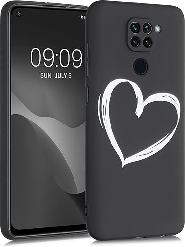 kwmobile Funda de silicona TPU compatible con Xiaomi Redmi Note 9 - Funda suave - Corazón cepillado BlancoNegro