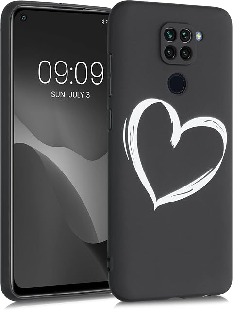 kwmobile TPU Silicone Case Compatible with Xiaomi Redmi Note 9 - Case Soft Cover - Brushed Heart White/Black