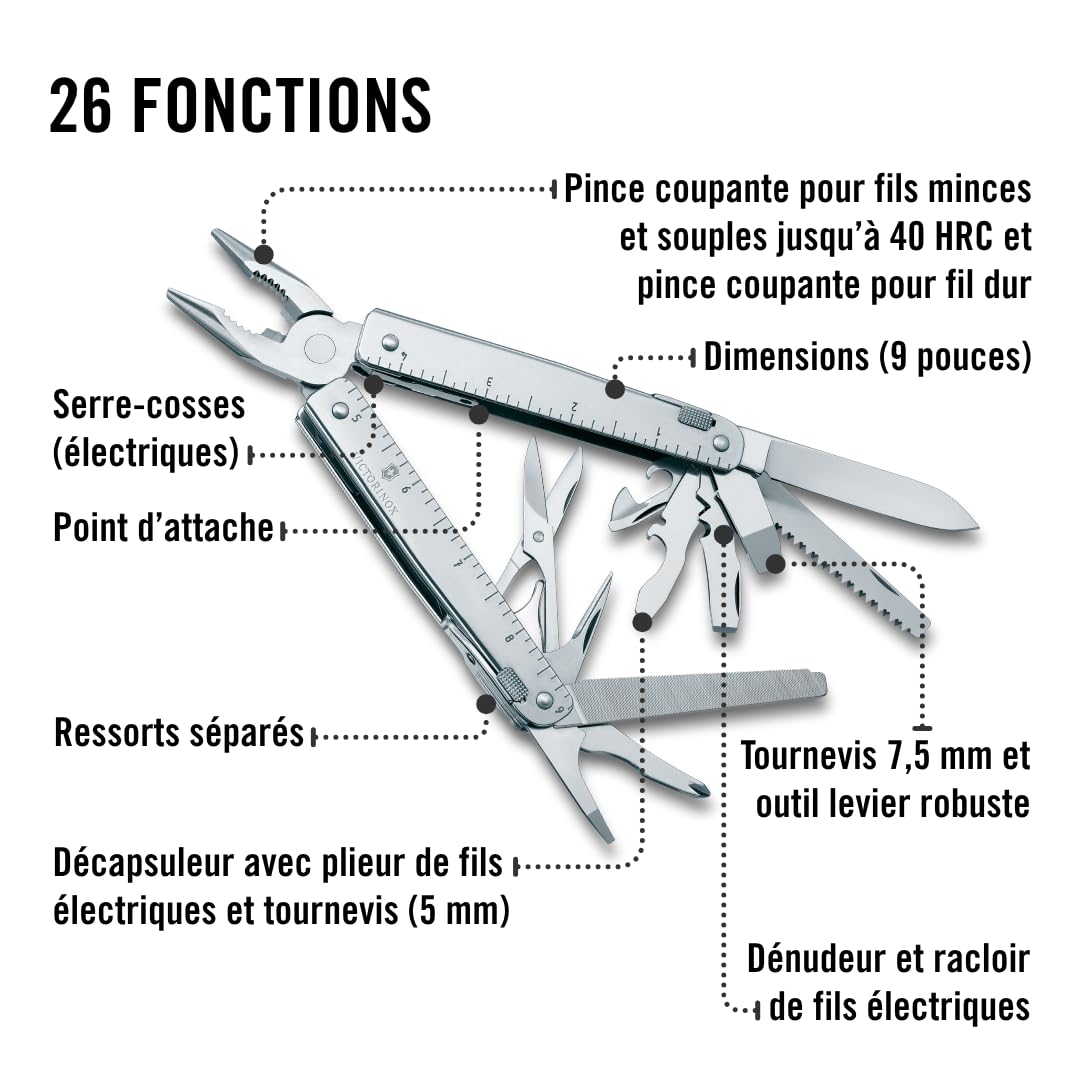 Victorinox Outil Multifonction Swiss Tool X, 26 Fonctions, Swiss Made, Outil Multifonction avec Lame Blocable, y c. Étui en Cuir, Argent