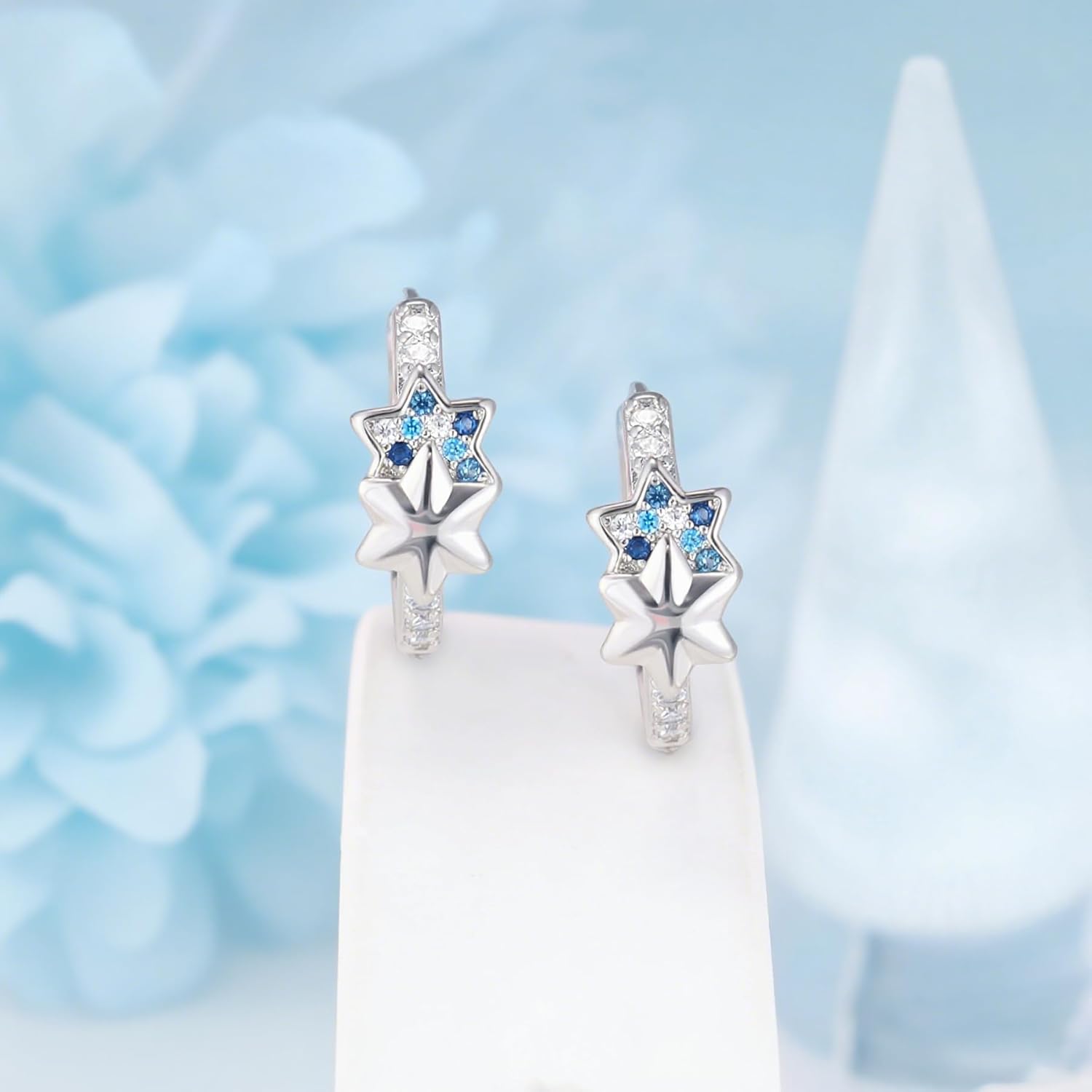S925 Sterling Silver Star Huggie Earrings with Blue Cubic Zirconia Celestial Double Star Hoop Earrings for Women Hypoallergenic Small Cartilage Cuff Star Dainty Gifts for Birthday Party Girlfriend - Image 4