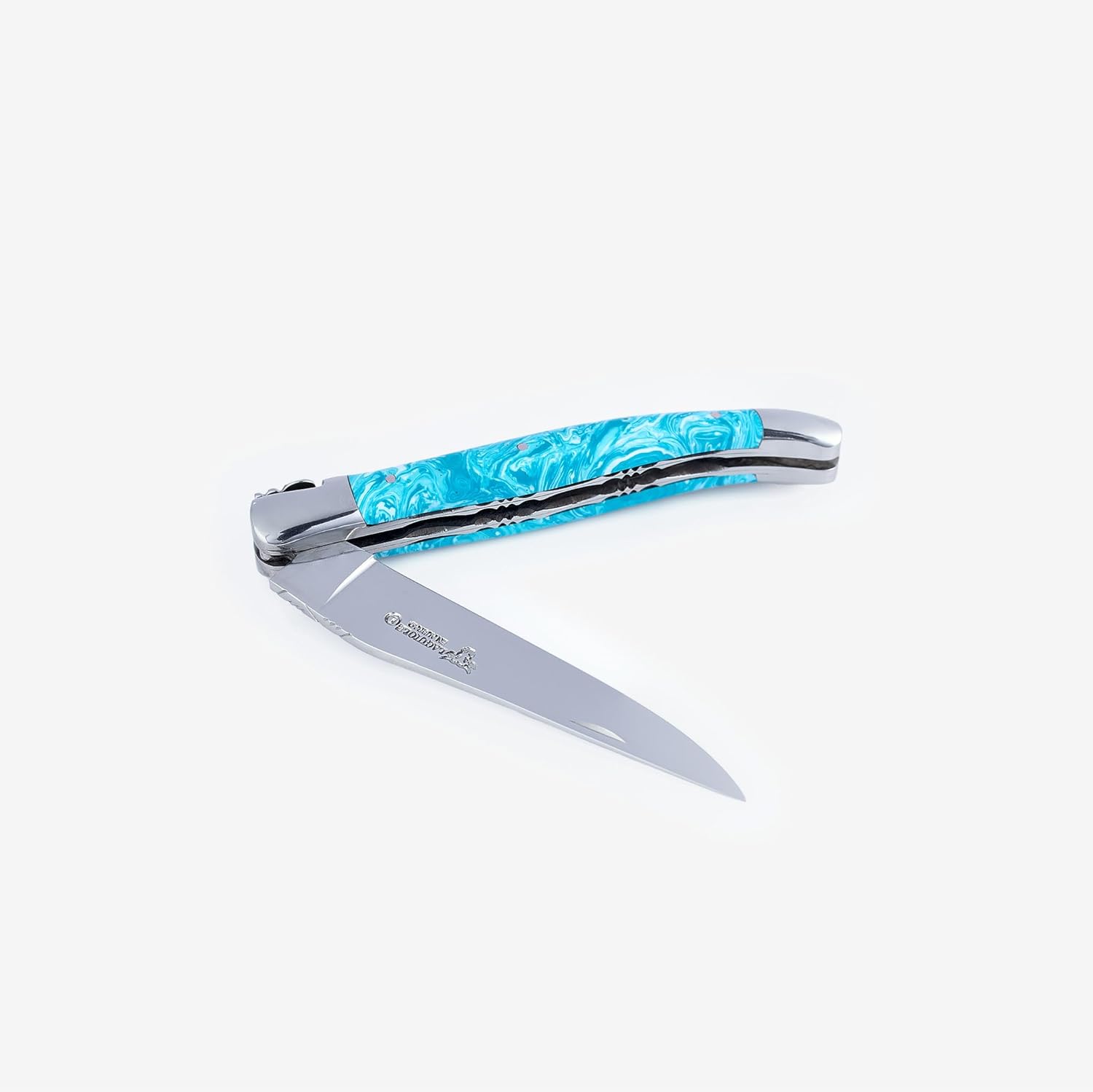 Laguiole en Aubrac Handmade Luxury Double Plate Folding Pocket Knife, 4.8-in (12cm). Genuine Larimar Handle, Hand Forged Bee, Stainless Steel Shiny Bolsters