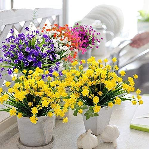 Leixi Artificial Flowers, 6pcs Fake Outdoor UV Resistant Plants Faux Plastic Greenery Shrubs Indoor Outside Hanging Planter Home Kitchen Office Wedding Garden Decor (Yellow)