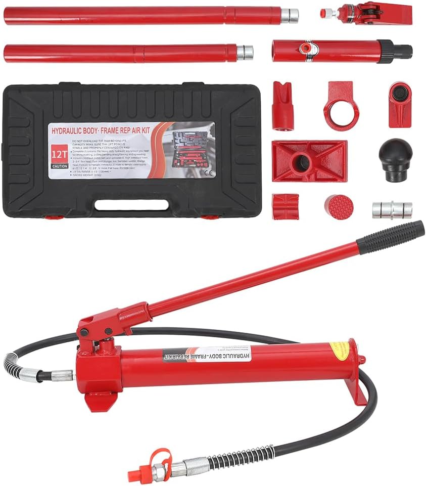 12 Ton Porta Power Kit, Portable Hydraulic Jack with 3.9 Ft/1.2 m Oil Hose, Auto Body Frame Repair Kit with Storage Case for Car Repair, Truck, Farm