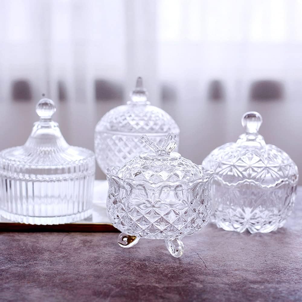 Sugar bowl Clear Glass Candy Dish with Lid Crystal Sugar Bowl Biscuit Containers Jar Decorative Jewelry Storage Case(C)