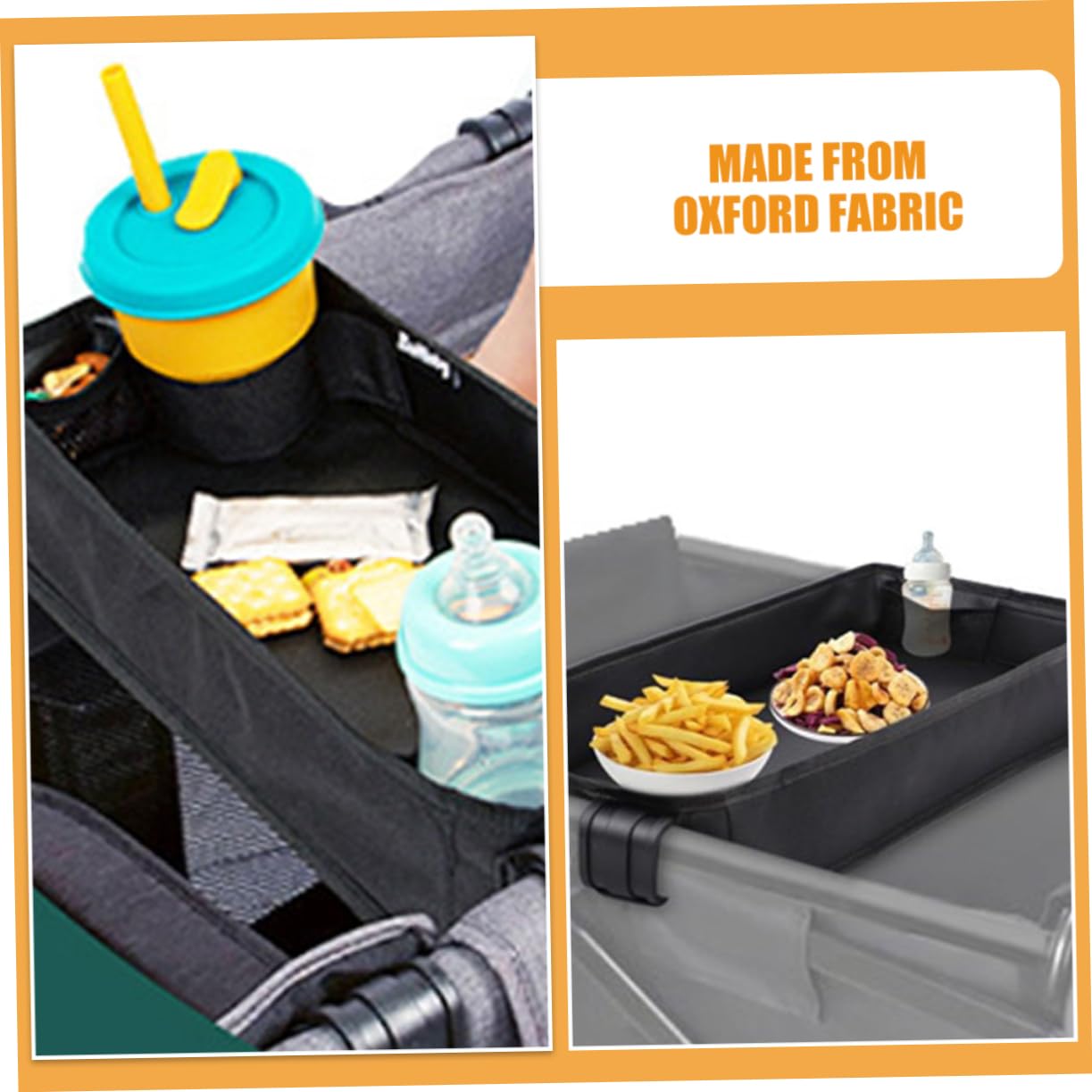 HEMOTON Vassoio per Passeggino Portabicchieri e Porta Telefono, Leggero e Portatile, Stabile, in Canvas Nero, per Viaggio | Viaggio, Stabilità Elevata, Organizer Supporto Telefono e Snack per Bimbo e Bimba