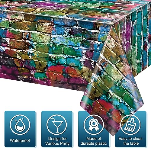 3 Pack Colorful Brick Tablecloth Rectangle, Graffiti Brick Wall Backdrop Photo Background, Plastic Retro Brick Table Cover, Brick Wall Scene for 80s 90s Hip Hop Disco Party Decorations, 54x108Inch by FunnyPars - Image 3