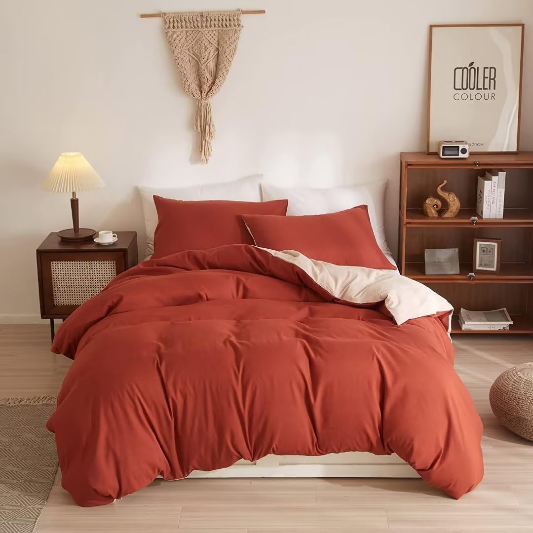 PinkMemory Burnt Orange Duvet Cover Double Reversible Dark Orange Beige