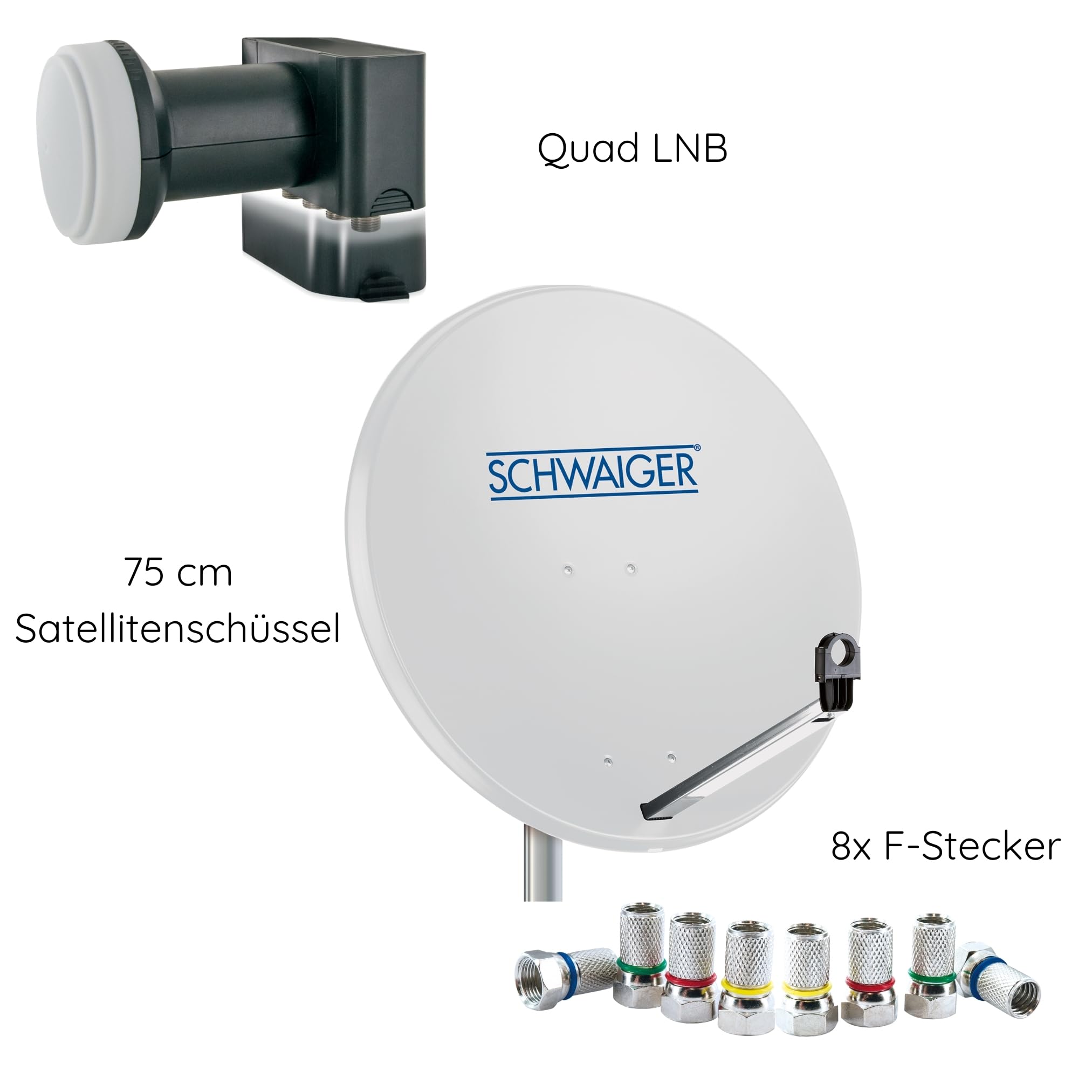 Sistema Sat 500 de SCHWAIGER Juego satélite Antena parabólica Quad LNB Digital 8X F-Plug 7mm Antena Sat de Acero Juego Completo Gris Claro 75 x 85 cm