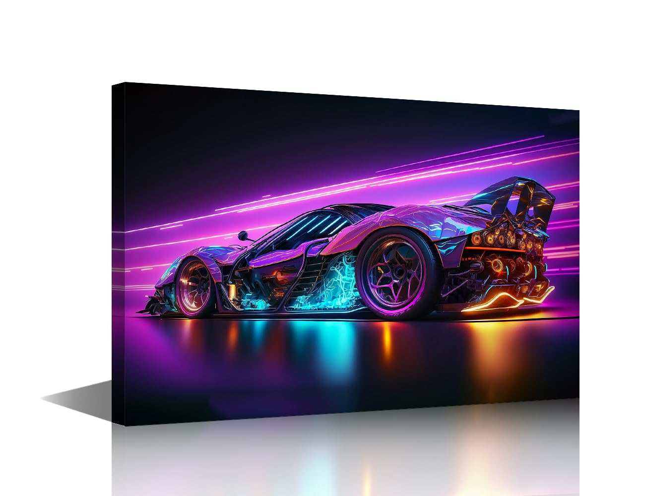 TISHIRON Sports Car Modern Wall Art Futuristic Car House Decorations for Living Room Neon Canvas Wall Art Paintings for Bedroom 1 Piece Office Decor Artwork Framed Easy to Hang - 18x12in