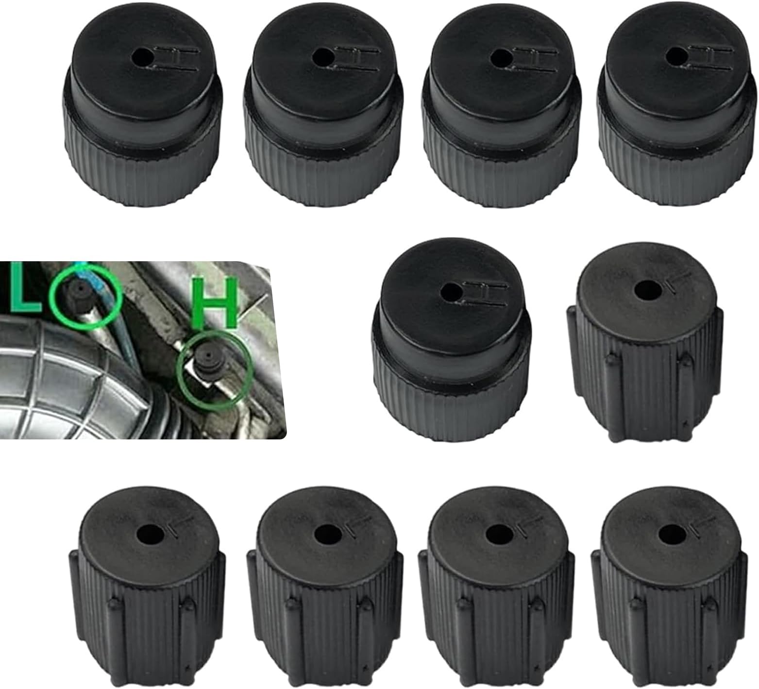 10Pcs Car AC Service Valve Cap Kit, 0.51"/13mm & 0.62"/16mm High Low Pressure Port Caps, Air Conditioning System Charging Port Covers, A/C Service Caps Universal for Most Cars(Black)