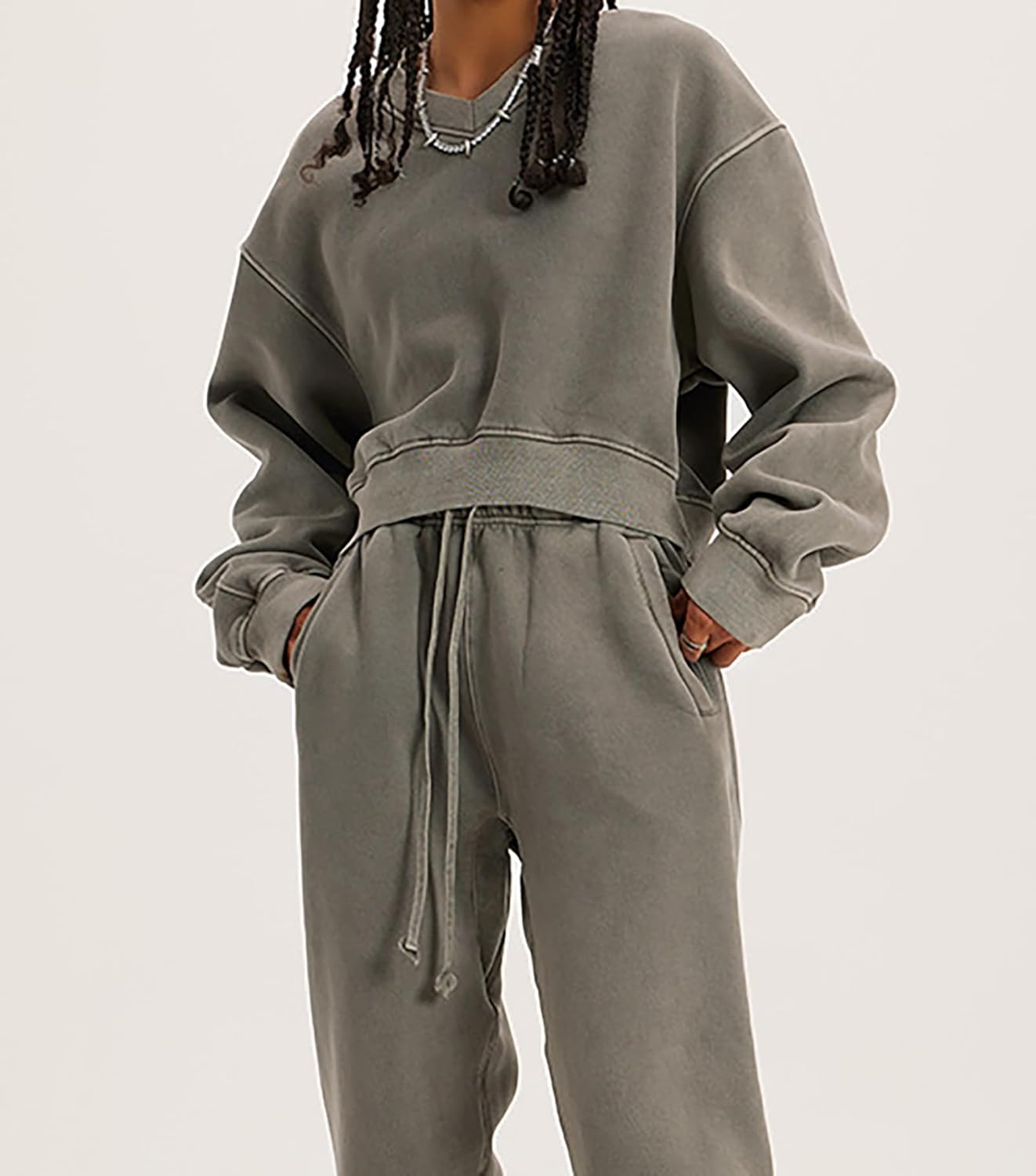 Meladyan Women Casual Cropped Sweatshirt Basic Solid Long Sleeve Fleece V Neck Loose Drop Shoulder Pullover Crop Tops Vintage - Image 4