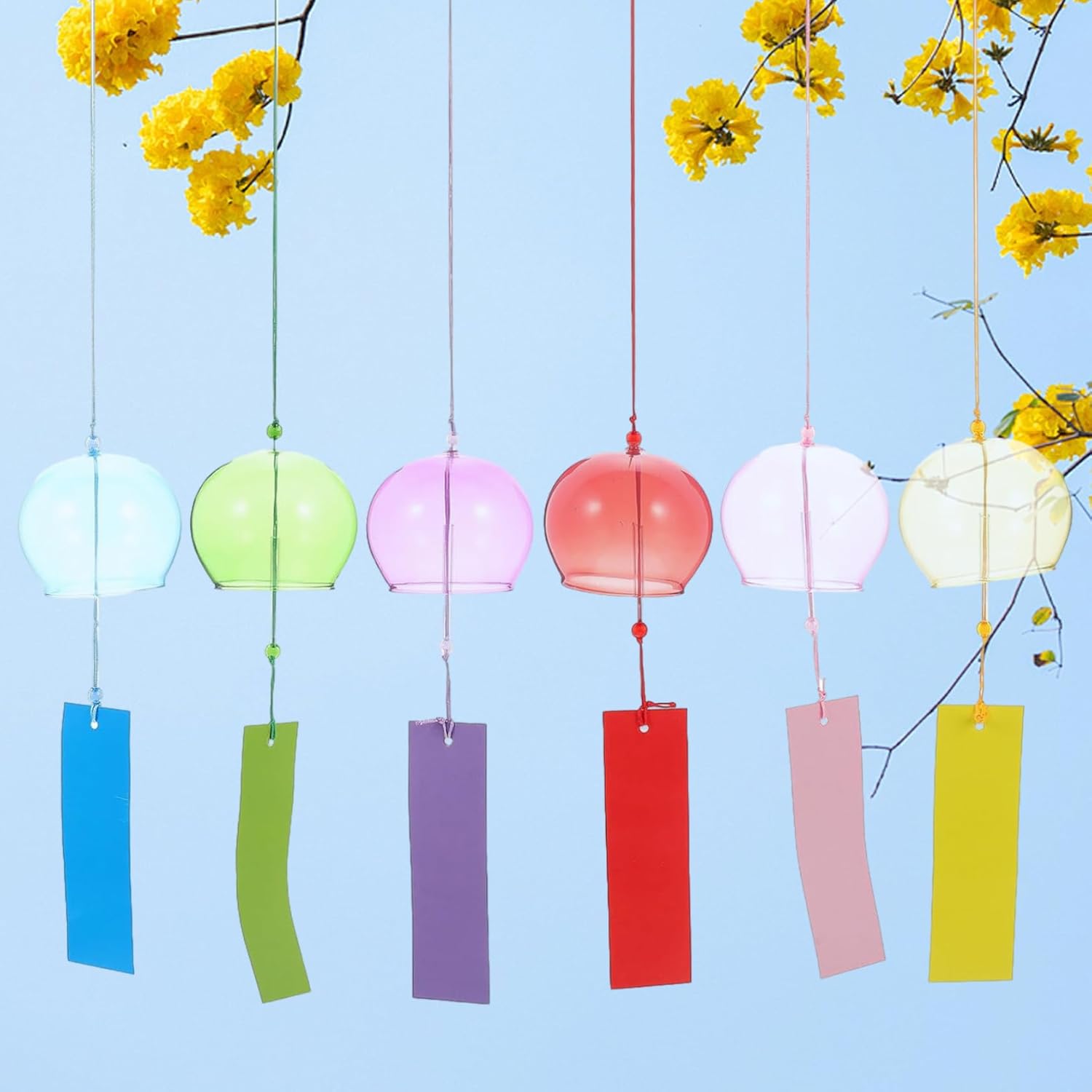 6個 日本風鈴 15.8インチ 吊り下げ可能 ガラス風鈴 カード付き 屋外&amp;屋内 ホームデコ 禅ガーデンアクセサリー